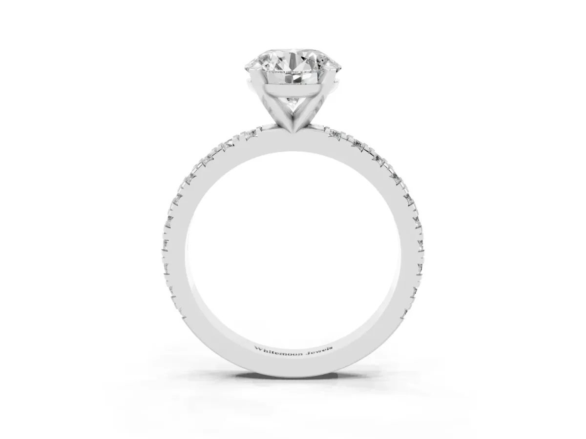 Round Cut Diamond Pavé Band Solitaire with Four-Prong Setting Silver