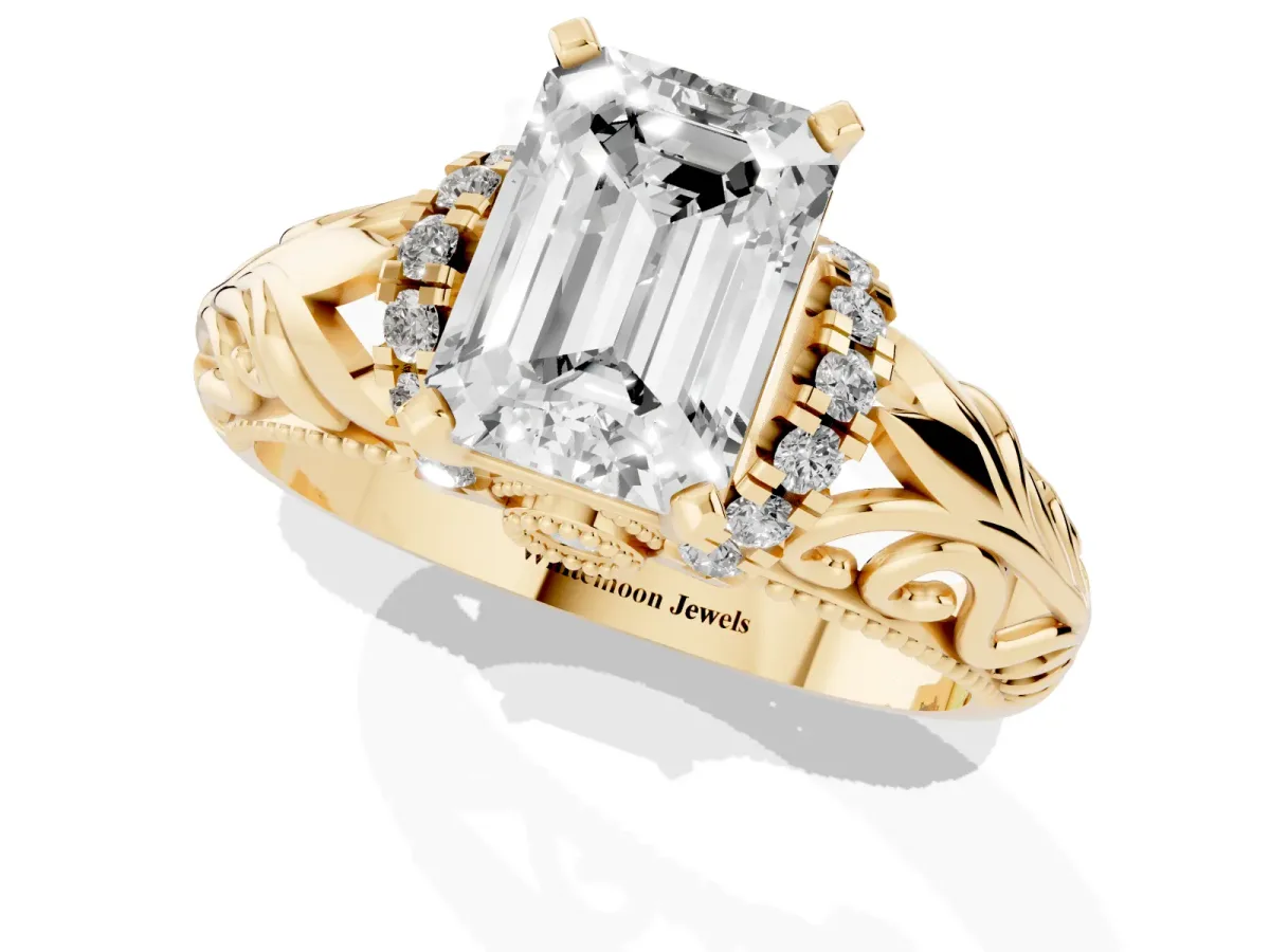 Emerald Cut Solitaire Filigree Engagement Ring with Halo and Prong Setting Yellow gold