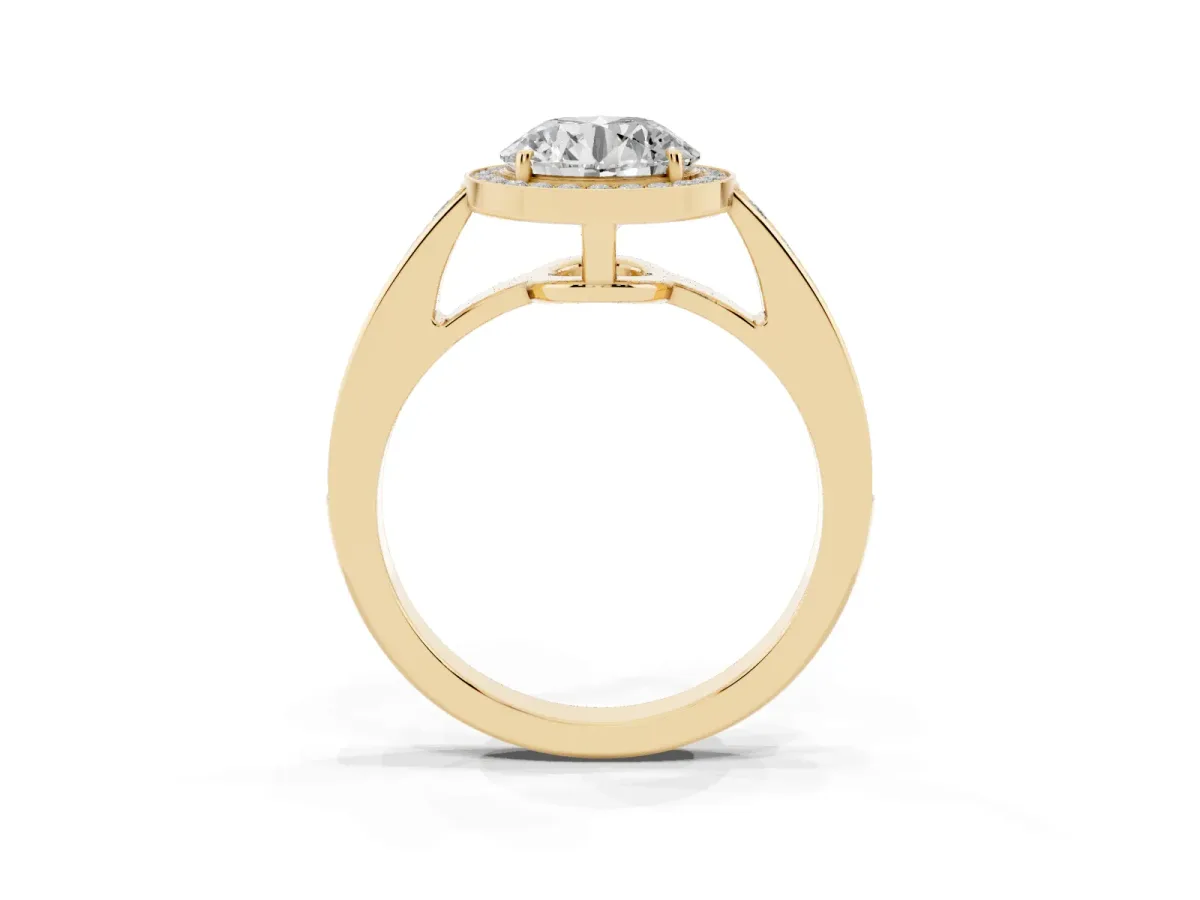 Round Cut Halo Pavé Diamond Engagement Ring with Bezel Setting Yellow gold