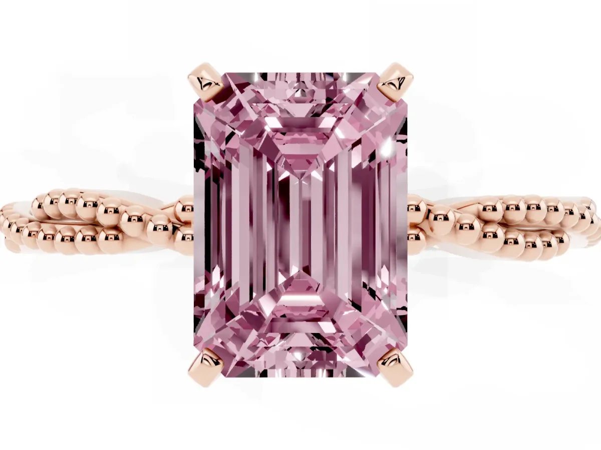 Fancy Pink Emerald Cut Solitaire Twisted Band with Bead Prong Setting Rose gold