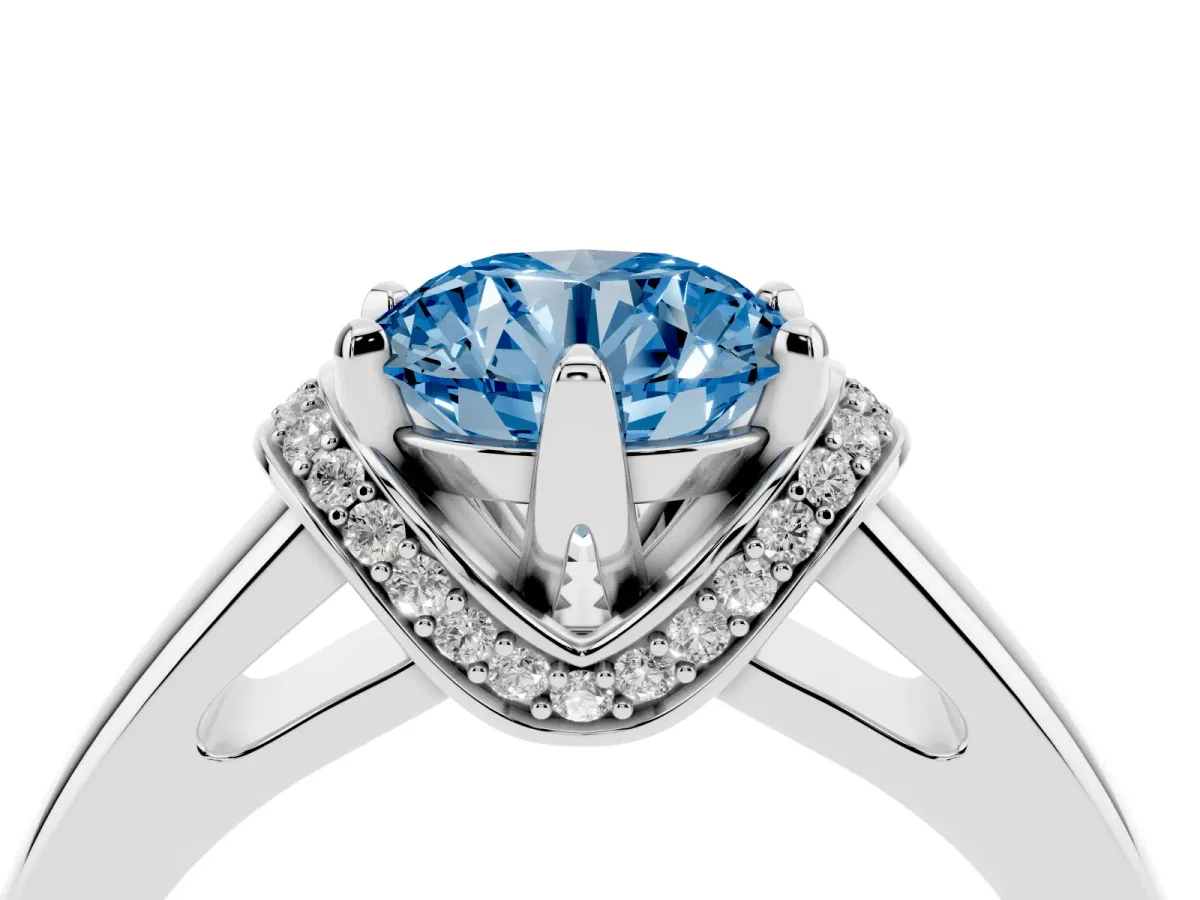 Fancy Blue Round Cut Solitaire Diamond Ring with Pave Band and Six-Prong Setting Silver