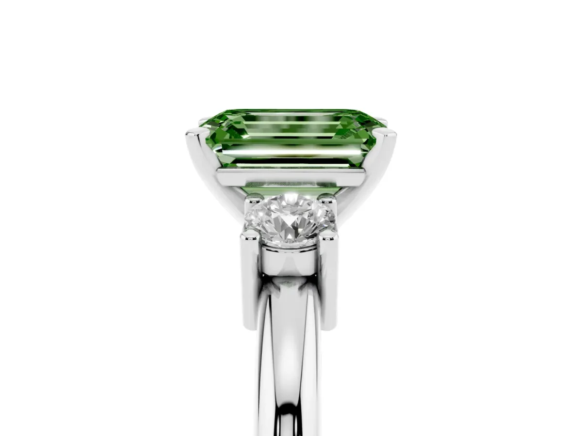 Fancy Green Three-Stone Emerald Cut Cut Diamond Solitaire with Prong Setting and Classic Band Silver