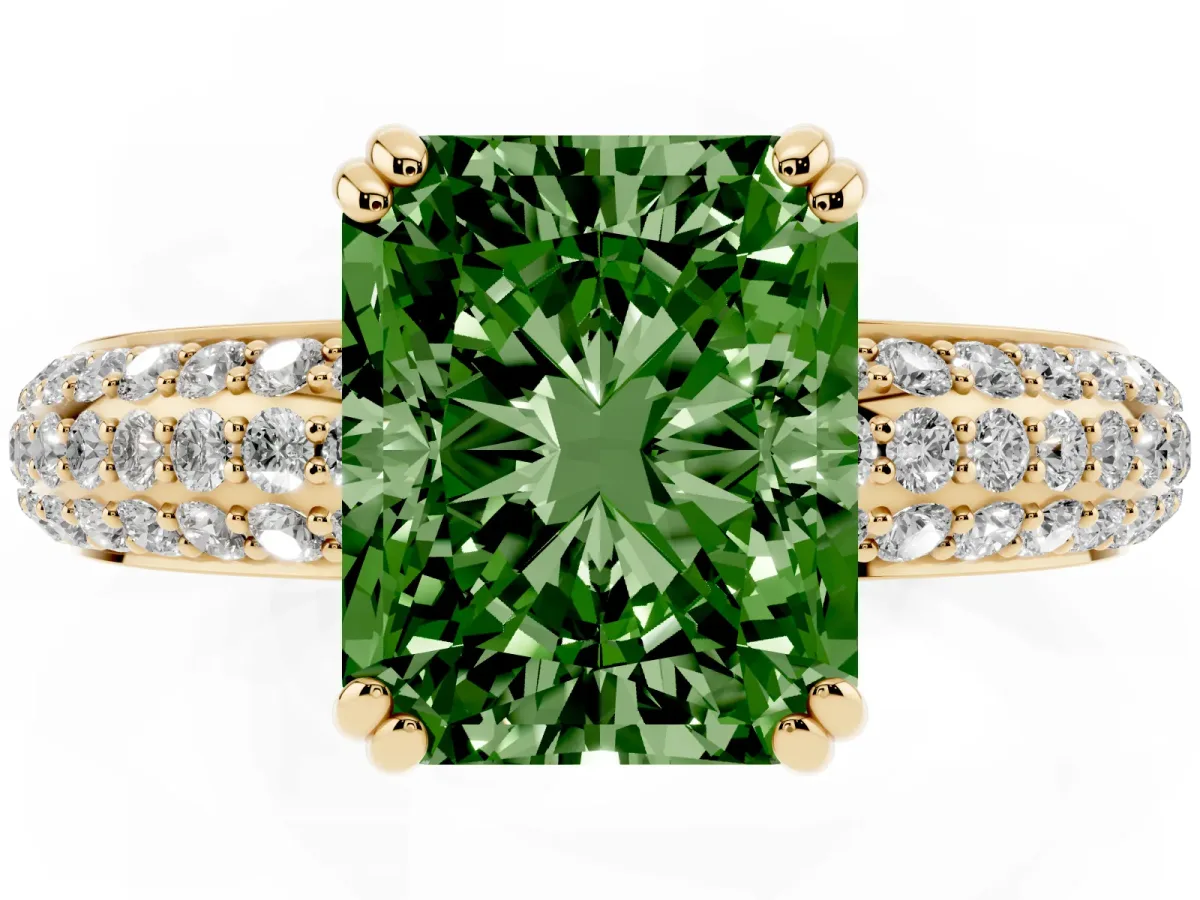 Fancy Green Radiant Cut Diamond Solitaire Ring with Multi-Row Round Pavé Band and Prong Setting Yellow gold