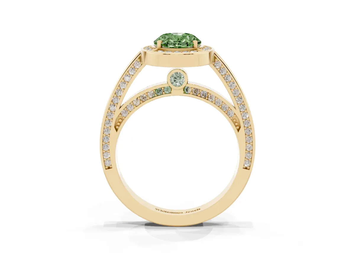 Fancy Green Oval Cut Cut Halo Pave Split Shank Prong Setting Ring Yellow gold