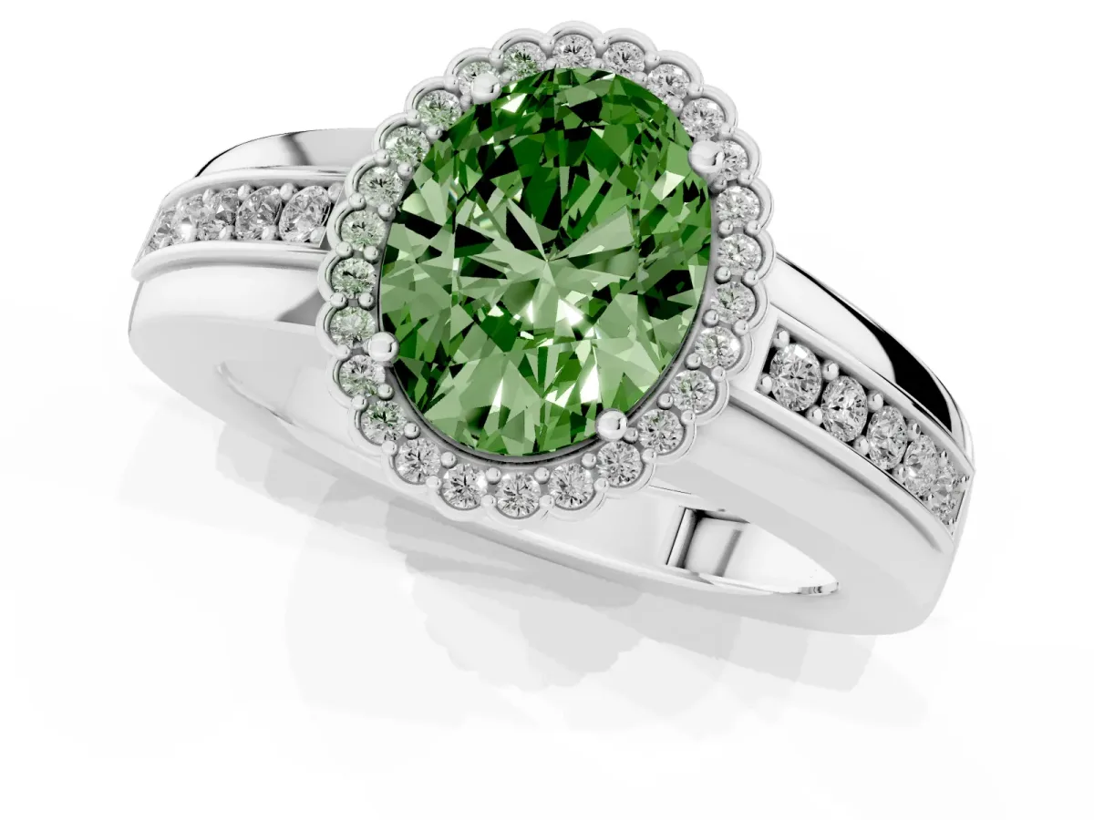 Fancy Green Oval Cut Cut Halo Pave Band Four-Prong Ring Silver