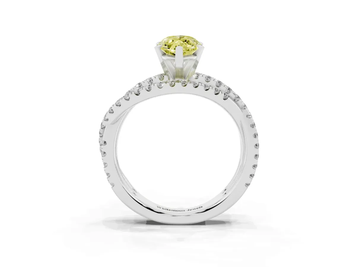 Fancy Yellow Marquise Cut Solitaire Twist Band with Pavé Setting and Four-Prong Setting Platinum