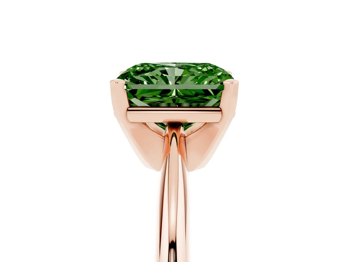 Fancy Green Radiant Cut Cut Solitaire Ring with Four-Prong Setting on a Classic Band Rose gold