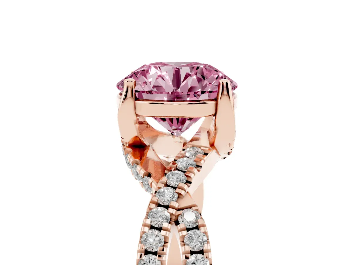 Fancy Pink Round Cut Solitaire Twist Pave Diamond Engagement Ring with Prong Setting Rose gold