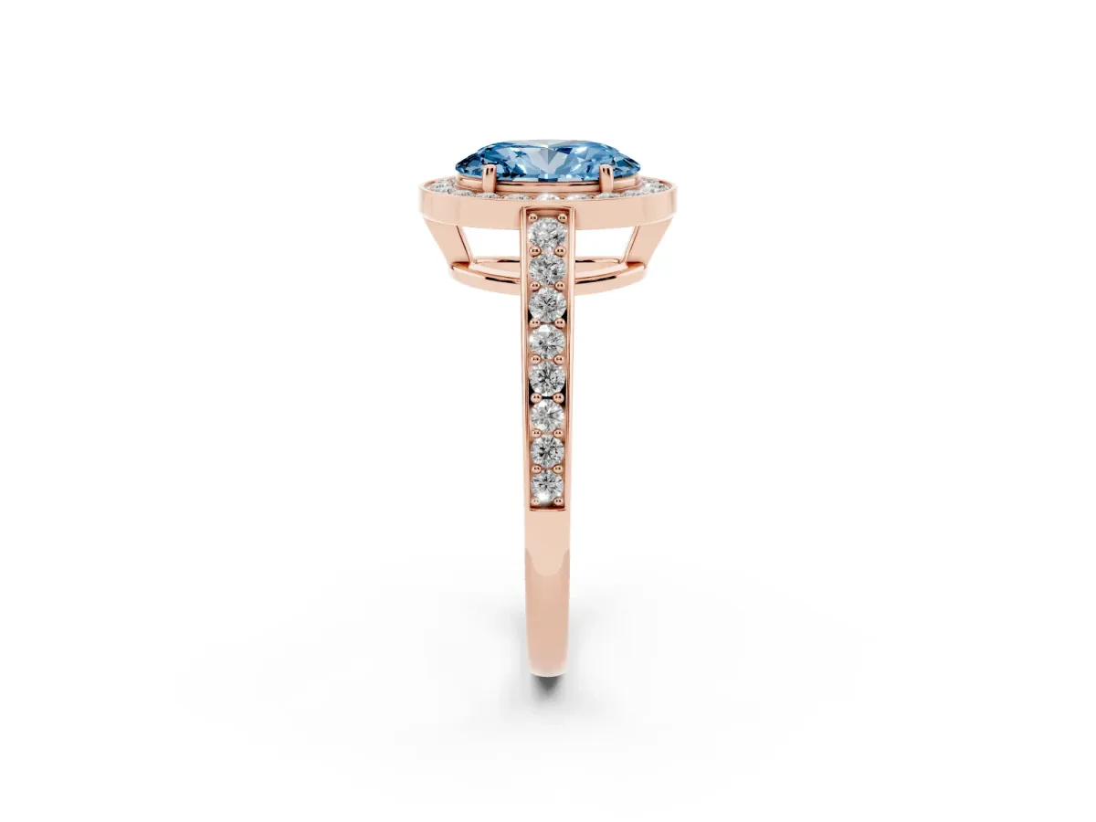 Fancy Blue Oval Cut Halo Pavé Diamond Engagement Ring with Bezel Setting Rose gold
