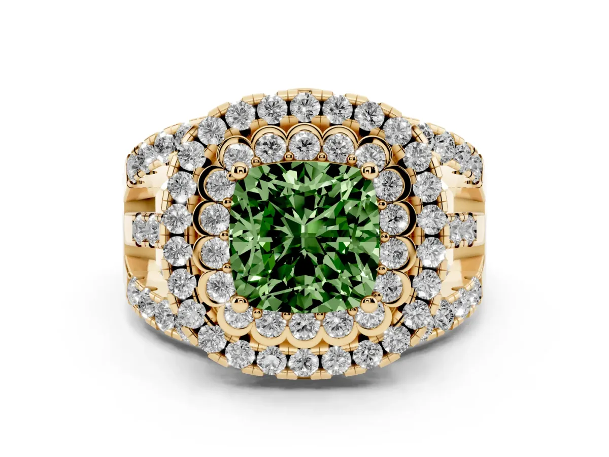 Fancy Green Cushion Cut Diamond Double Halo Ring with Round Pavé Split Shank and Prong Setting Yellow gold