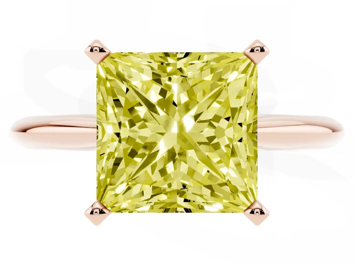 Fancy Yellow Princess Cut Cut Solitaire Ring with Four-Prong Setting on a Classic Band Rose gold
