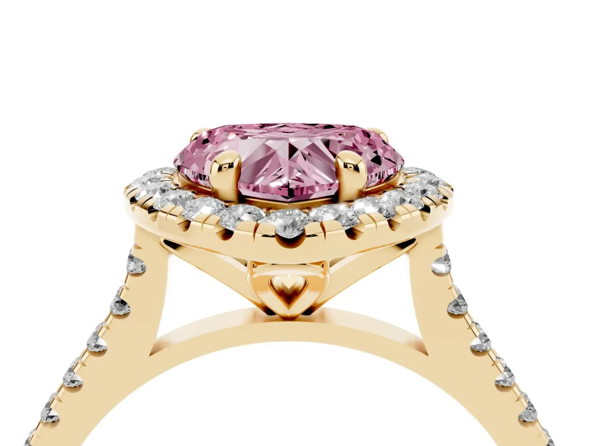 Fancy Pink Heart Cut Diamond Cushion Halo Ring with Pavé Band Yellow gold