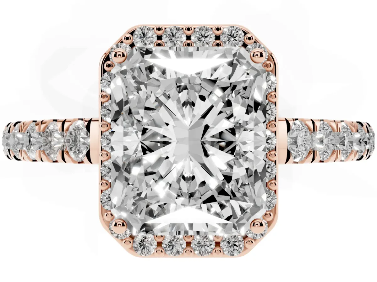 Radiant Cut Cut Halo Diamond Engagement Ring with Pave Band and Four-Prong Setting Rose gold