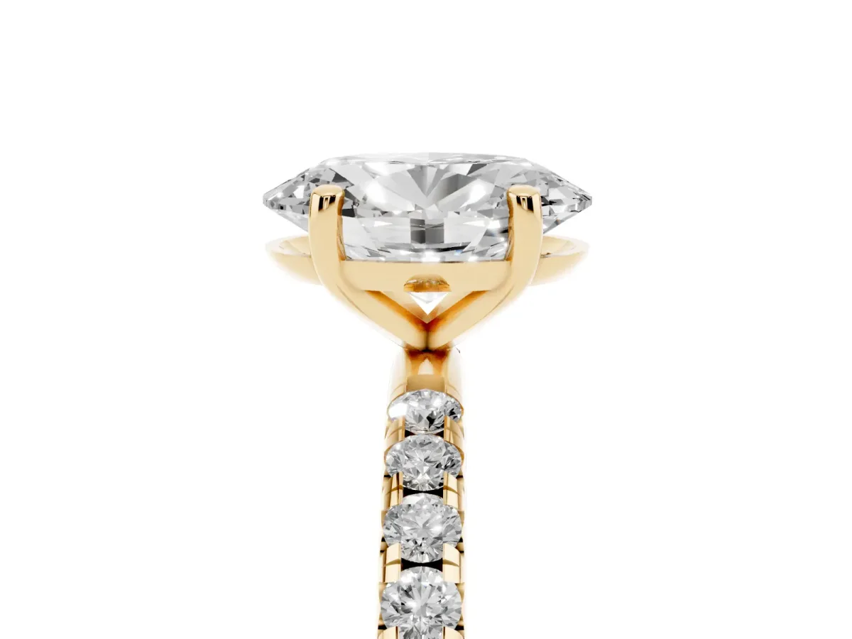 Oval Cut Cut Diamond Solitaire Ring with Micro Pave Band and Four Prong Setting Yellow gold