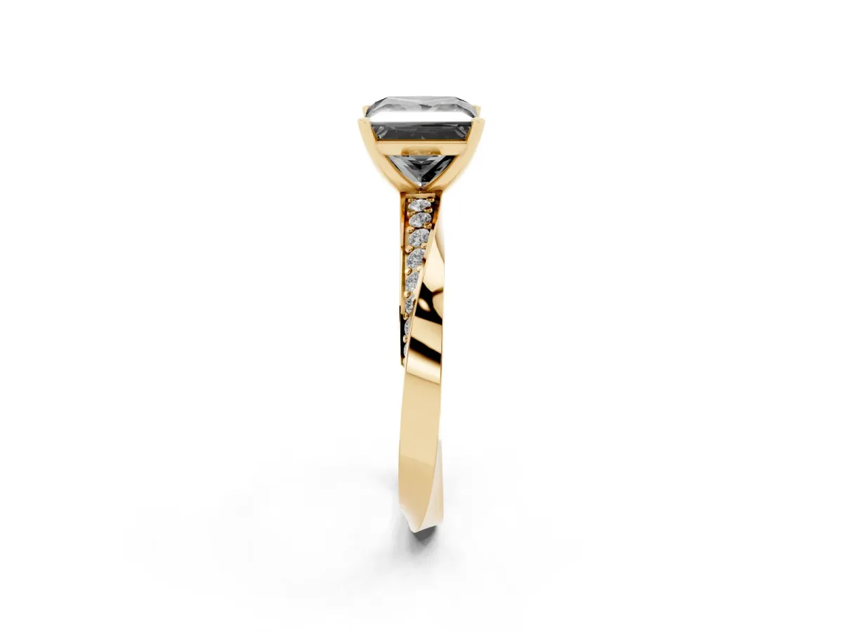 Fancy Black Princess Cut Diamond Engagement Ring with Side Stone Accents and Four-Prong Setting Yellow gold