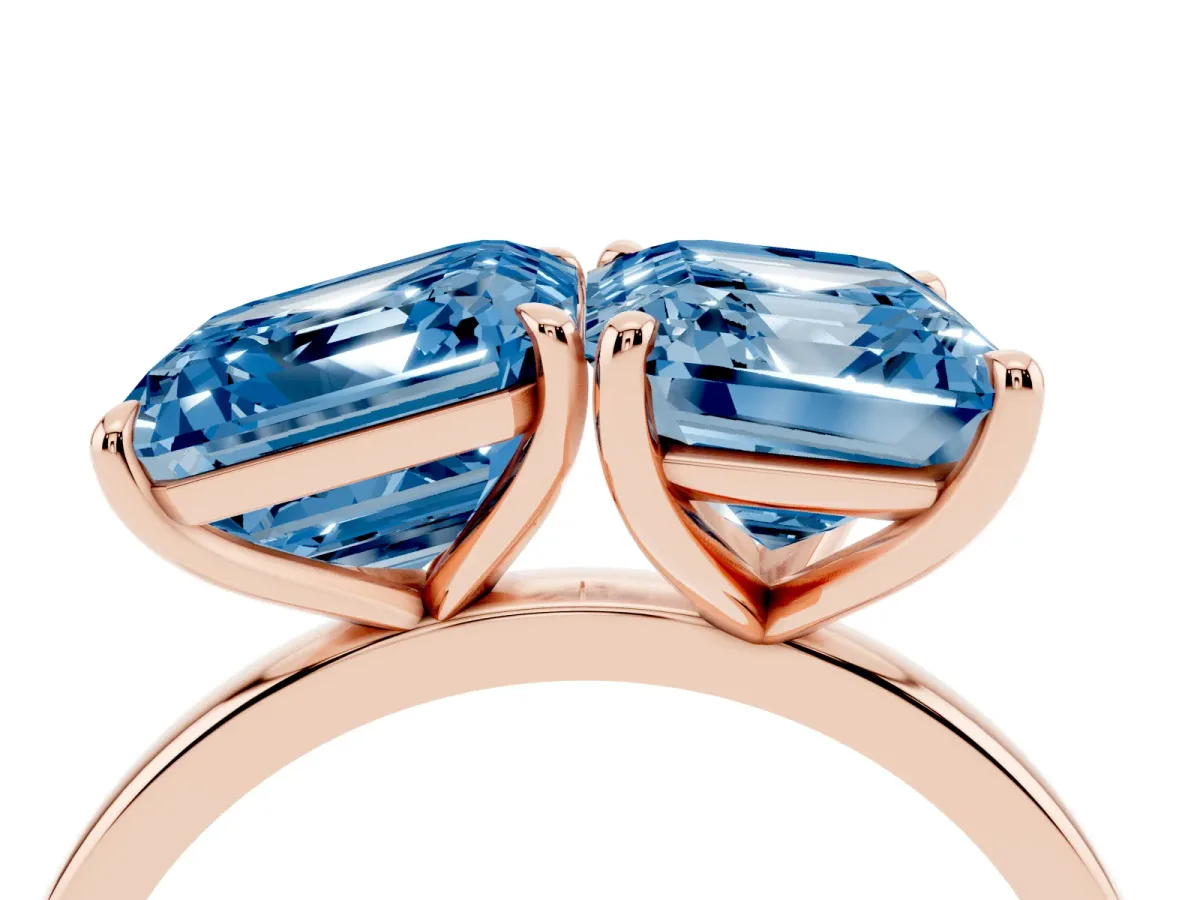 Fancy Blue Asscher Cut and Emerald Cut Toi Moi Ring with Prong Setting Rose gold