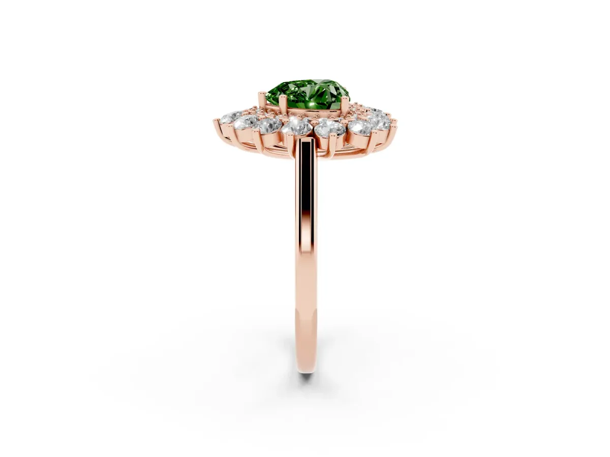 Fancy Green Heart Cut Diamond Floral Double Halo Engagement Ring with Prong Setting Rose gold
