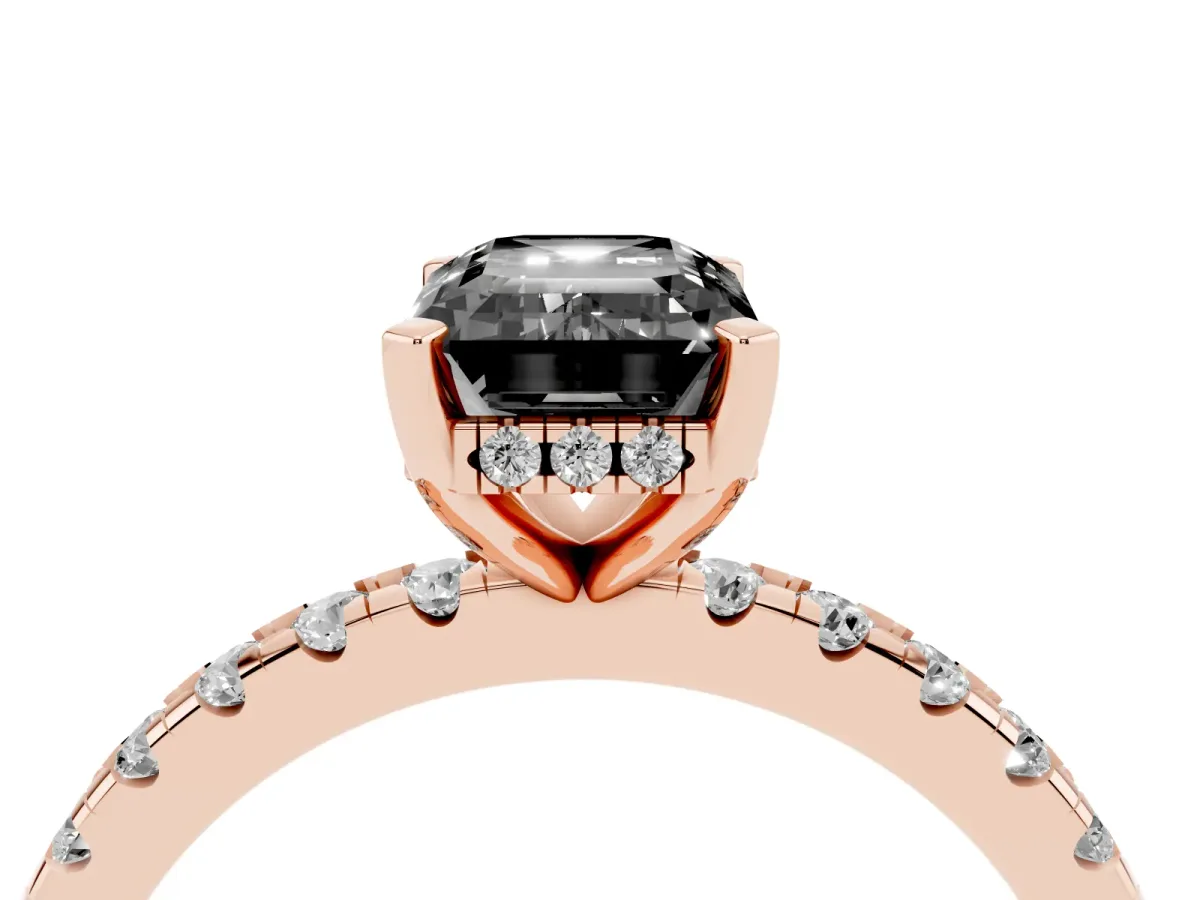 Fancy Black Emerald Cut Diamond Solitaire Ring with Round Pavé Band and Four-Prong Setting Rose gold