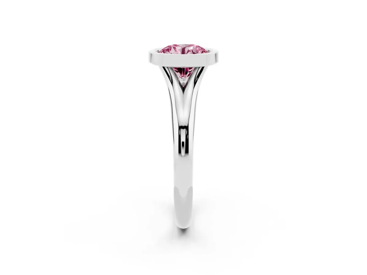 Fancy Pink Bezel Set Round Cut Solitaire Diamond Ring with Smooth Band Silver