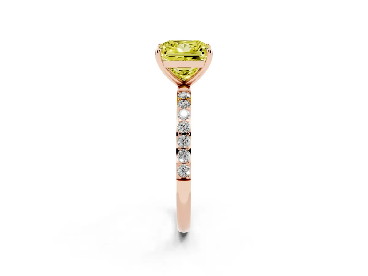 Fancy Yellow Princess Cut Diamond Solitaire Ring with Round Pavé Shoulders and Prong Setting Rose gold