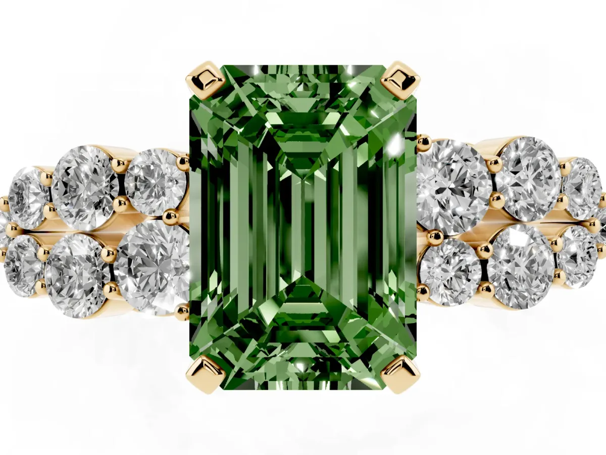 Fancy Green Emerald Cut Cluster Diamond Engagement Ring with Pavé Band and Four-Prong Setting Yellow gold