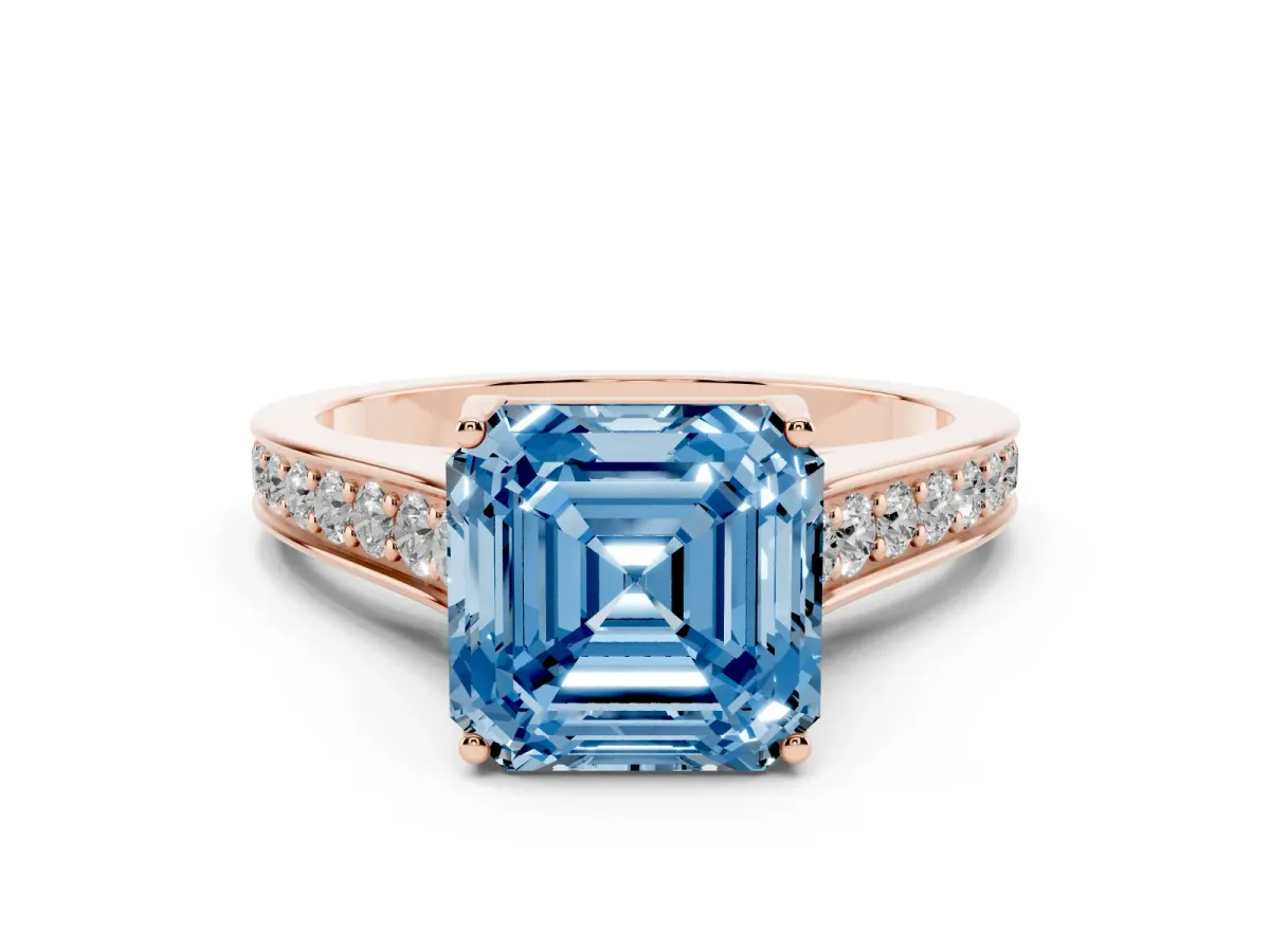 Fancy Blue Asscher Cut Brilliant Cut Diamond Engagement Ring with Pavé Band and Four-Prong Setting Rose gold