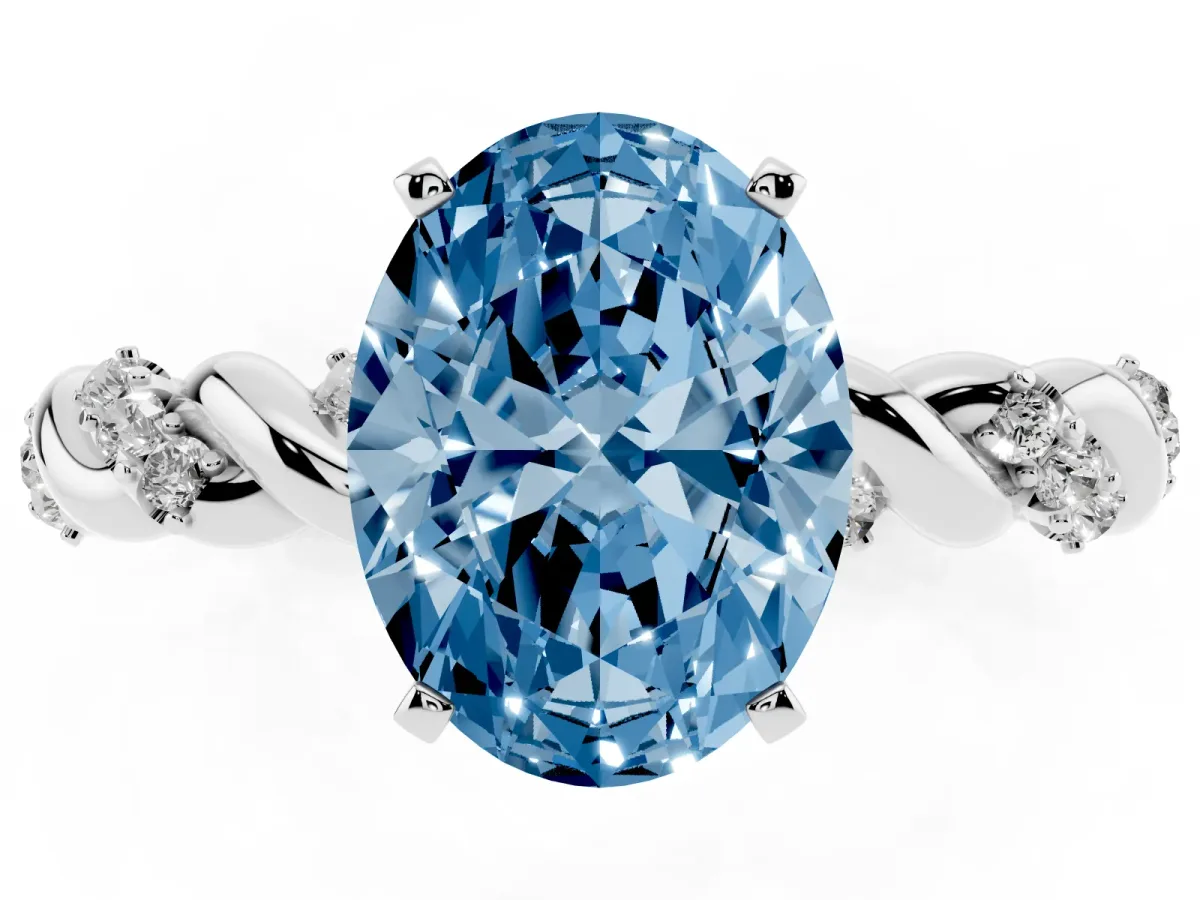 Fancy Blue Oval Cut Diamond Solitaire Ring with Twisted Band and Pavé Accents White gold