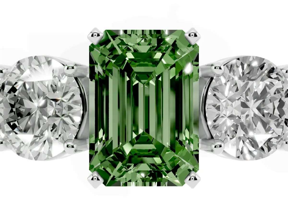 Fancy Green Three-Stone Emerald Cut Diamond Ring with Round Side Stones, Classic Band, and Four-Prong Setting Silver