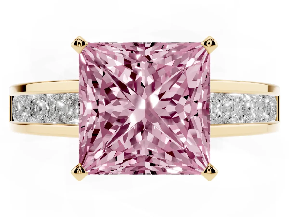 Fancy Pink Princess Cut Solitaire Diamond Ring with Channel-Set Band and Four-Prong Setting Yellow gold