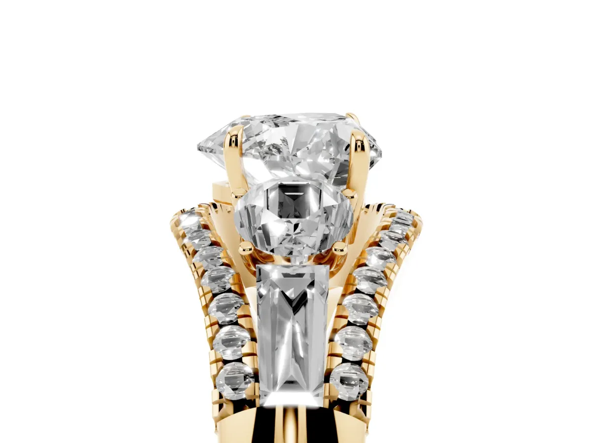Three-Stone Heart Cut Diamond Engagement Ring with Pave Band and Prong Setting Yellow gold