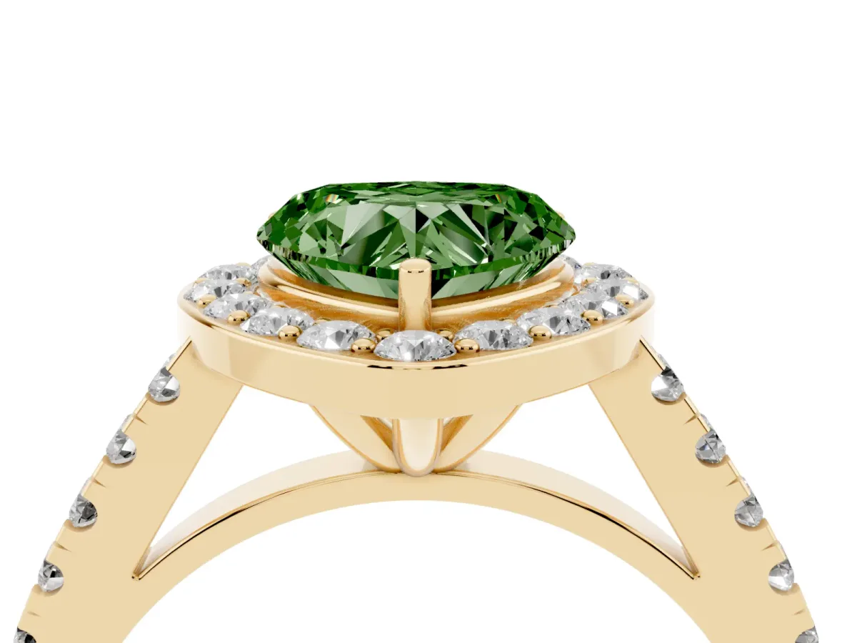 Fancy Green Heart Cut Diamond Halo Ring with Round Pavé Split Shank and Prong Setting Yellow gold