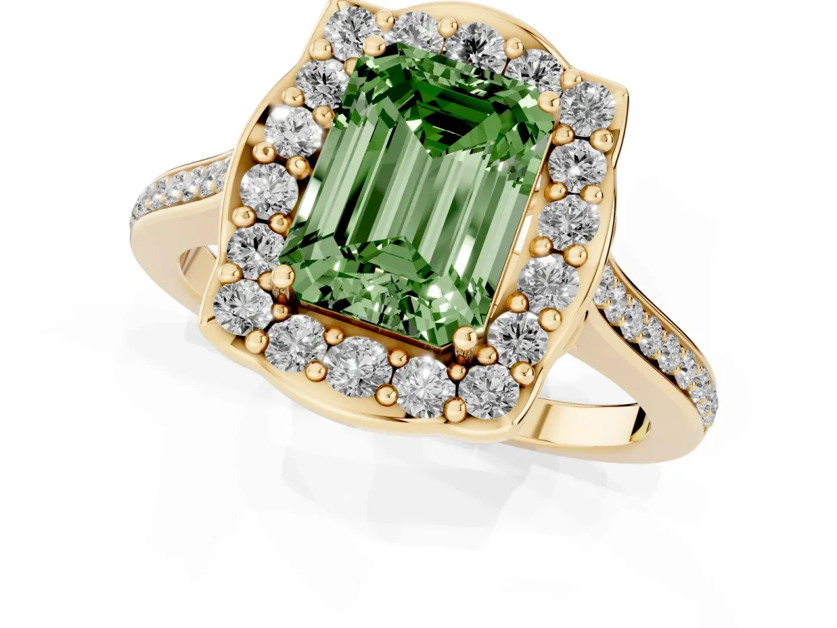 Fancy Green Emerald Cut Halo Round Diamond Pave Band with Four-Prong Setting Yellow gold