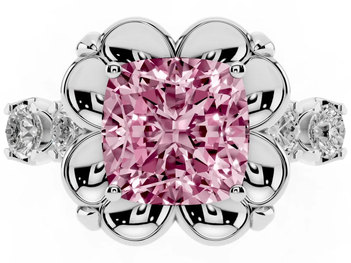 Fancy Pink Cushion Cut Cut Diamond Floral Halo Engagement Ring with Shared Prong Setting Silver