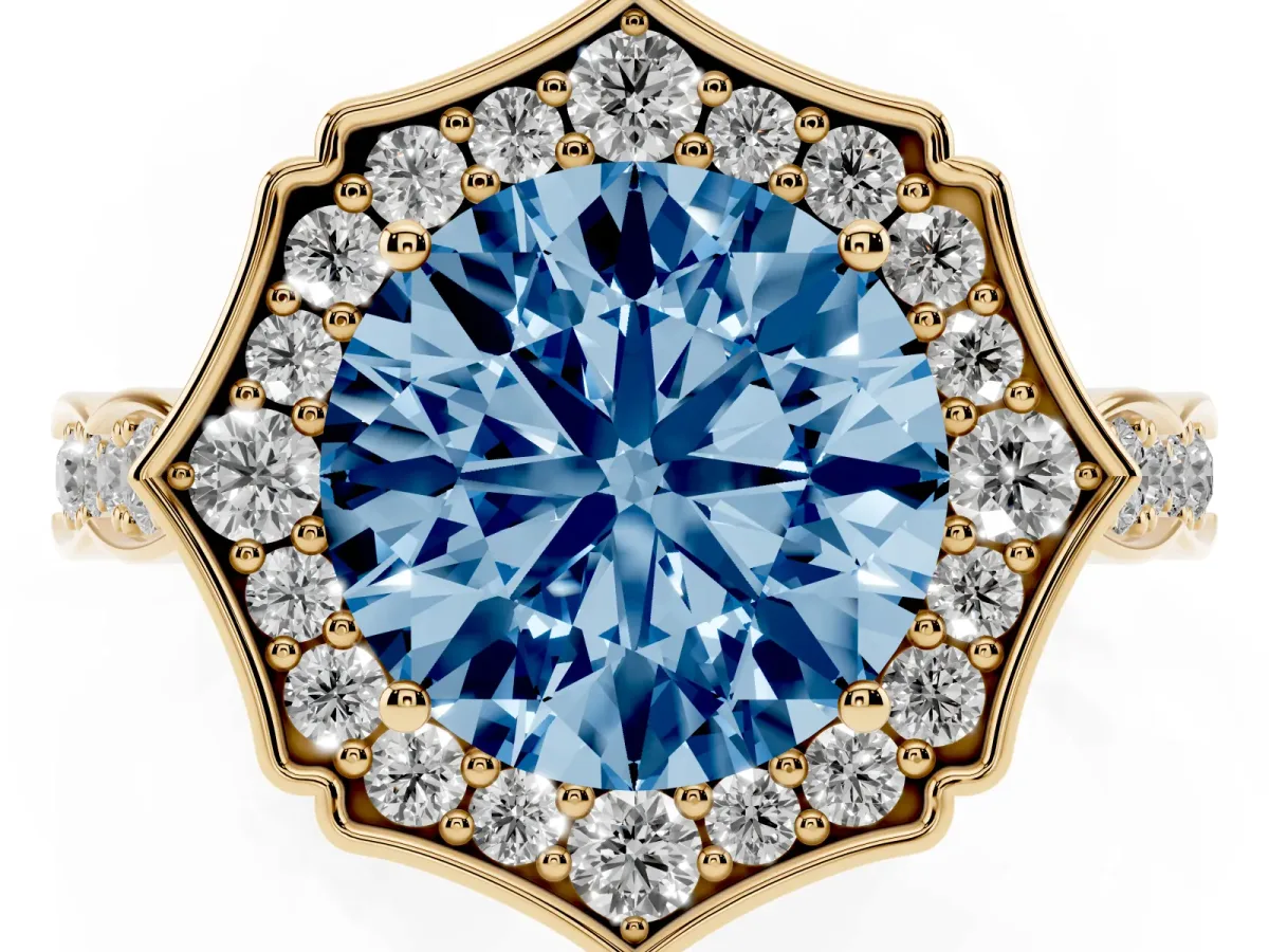 Fancy Blue Round Cut Halo Diamond Engagement Ring with Milgrain Band and Four-Prong Setting Yellow gold