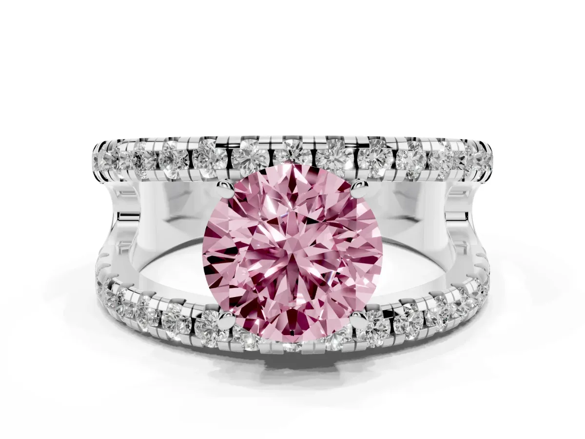 Fancy Pink Round Cut Solitaire Split Shank Pave Diamond Ring Silver