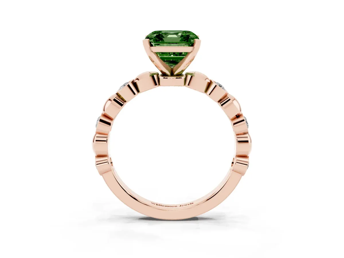 Fancy Green Asscher Cut Solitaire Bezel-Set Diamond Ring with Beaded Band and Four-Prong Setting Rose gold