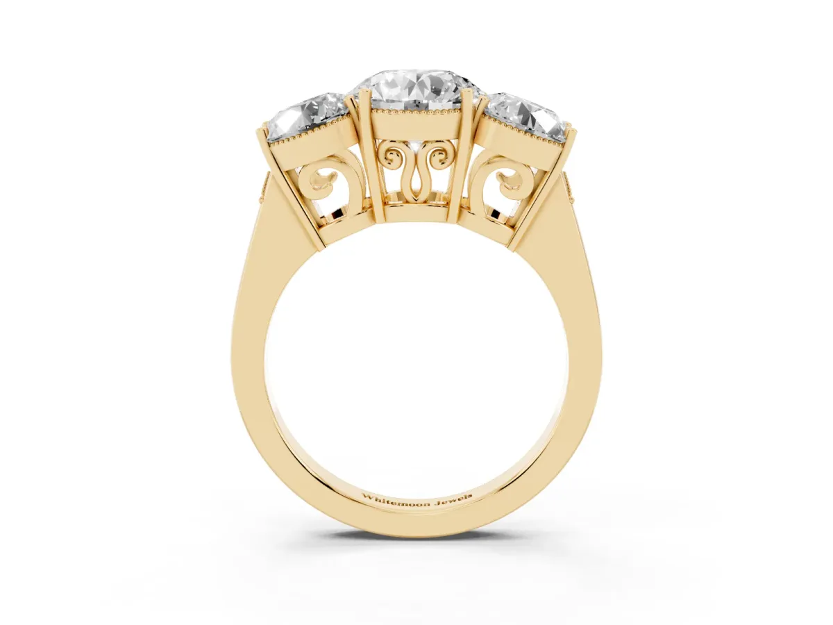 Three-Stone Round Cut Diamond Engagement Ring with Prong Setting on a Classic Band Yellow gold