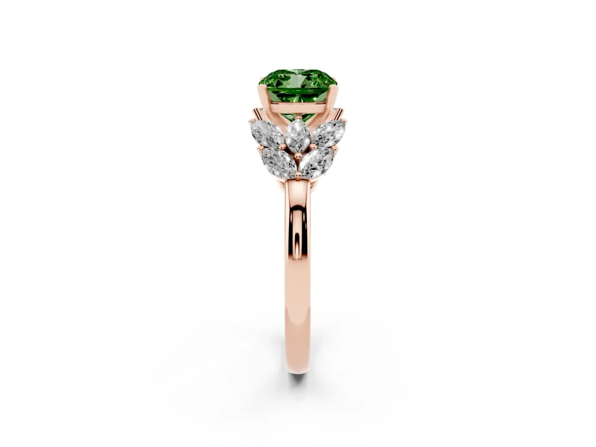 Fancy Green Cushion Cut Diamond Cluster Leaf Design Ring with Prong Setting Rose gold