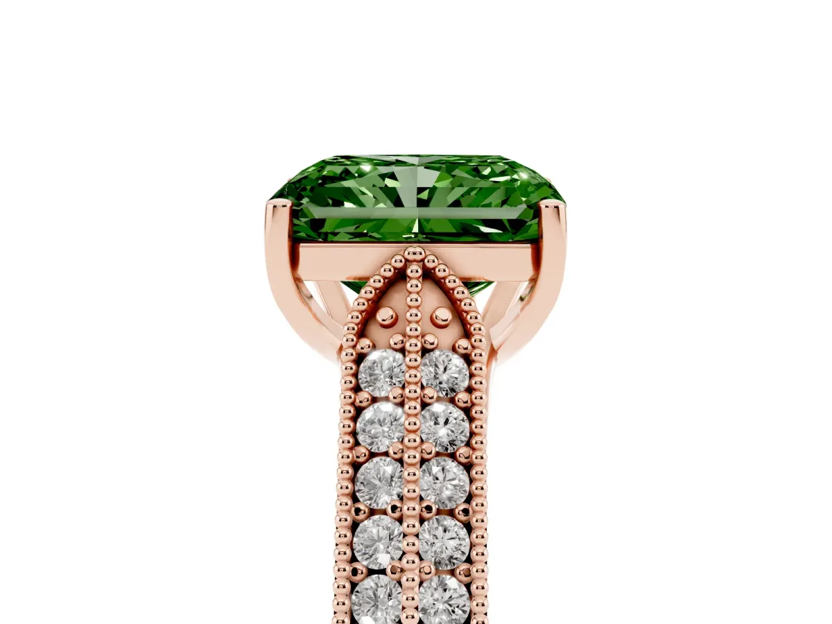 Fancy Green Radiant Cut Cut Pave Split Shank Engagement Ring with Four-Prong Setting Rose gold