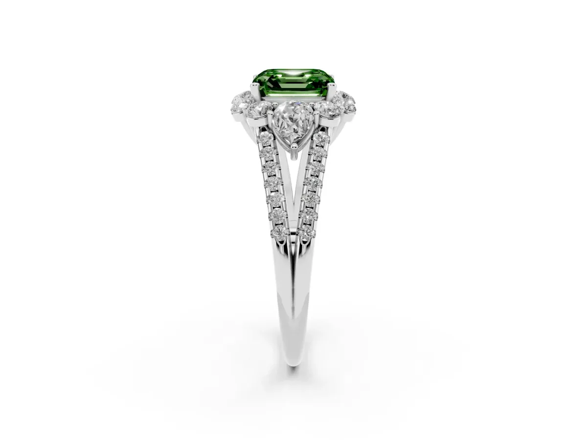 Fancy Green Asscher Cut Halo Split Shank Diamond Engagement Ring with Prong Setting Silver