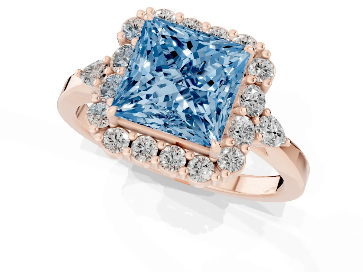 Fancy Blue Princess Cut Diamond Halo Ring with Pear Side Stones and Prong Setting Rose gold