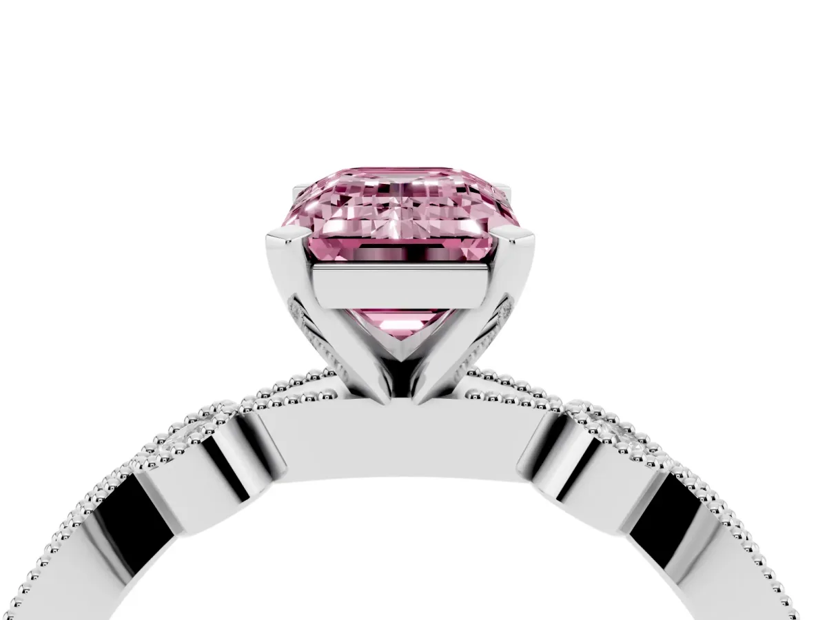 Fancy Pink Emerald Cut Milgrain Bezel Diamond Engagement Ring with Solitaire Prong Setting White gold