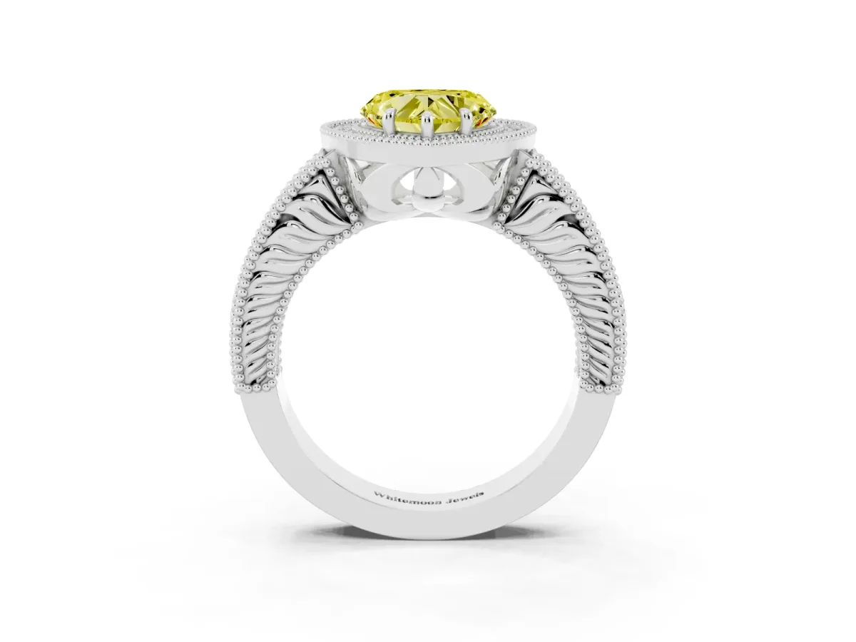 Fancy Yellow Heart Cut Cut Halo Diamond Ring with Pavé Band and Four-Prong Setting White gold
