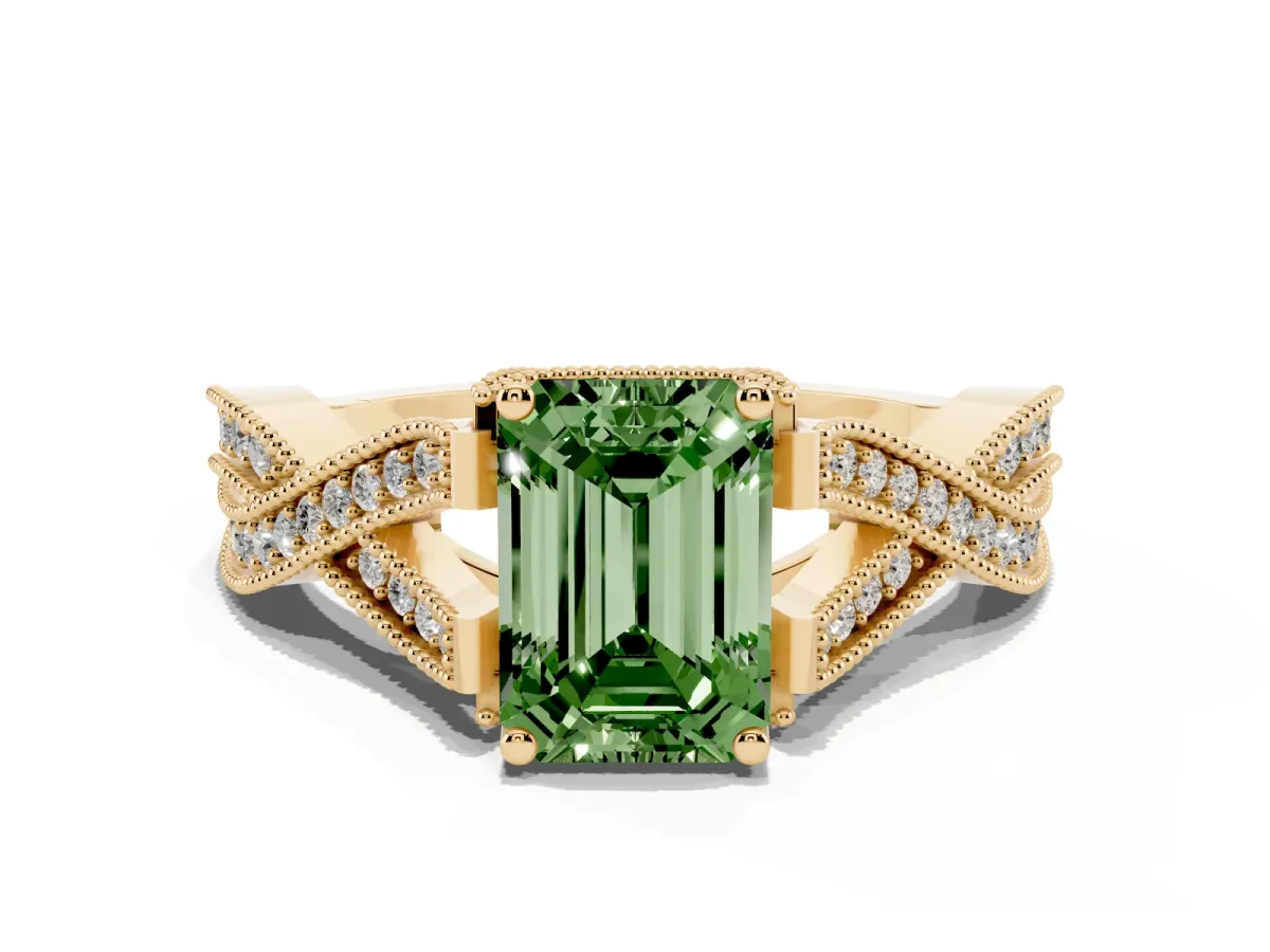 Fancy Green Emerald Cut Cut Diamond Twisted Band with Milgrain Pave Setting and Four-Prong Setting Yellow gold
