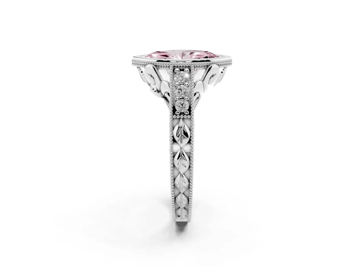 Fancy Pink Bezel Set Marquise Cut Diamond Milgrain Pave Engagement Ring Silver
