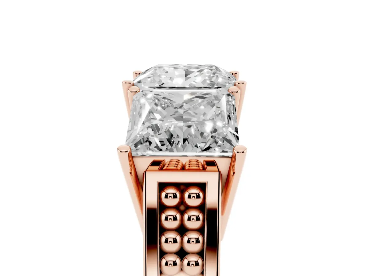 Princess Cut Diamond Three-Stone Ring with Prong Setting and Textured Band Rose gold