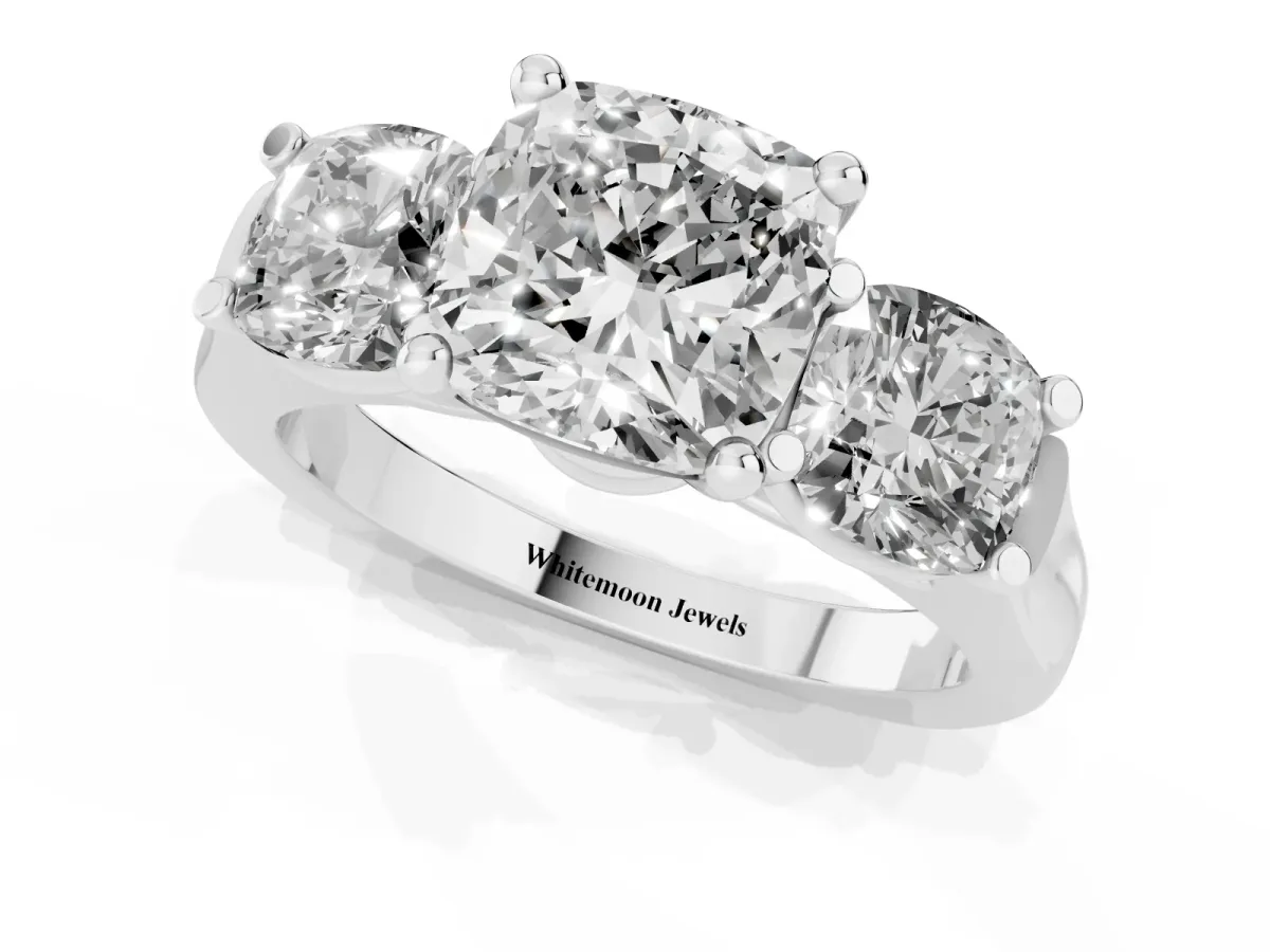 Three-Stone Cushion Cut Brilliant Diamond Trellis Ring with Comfort Fit Band Platinum