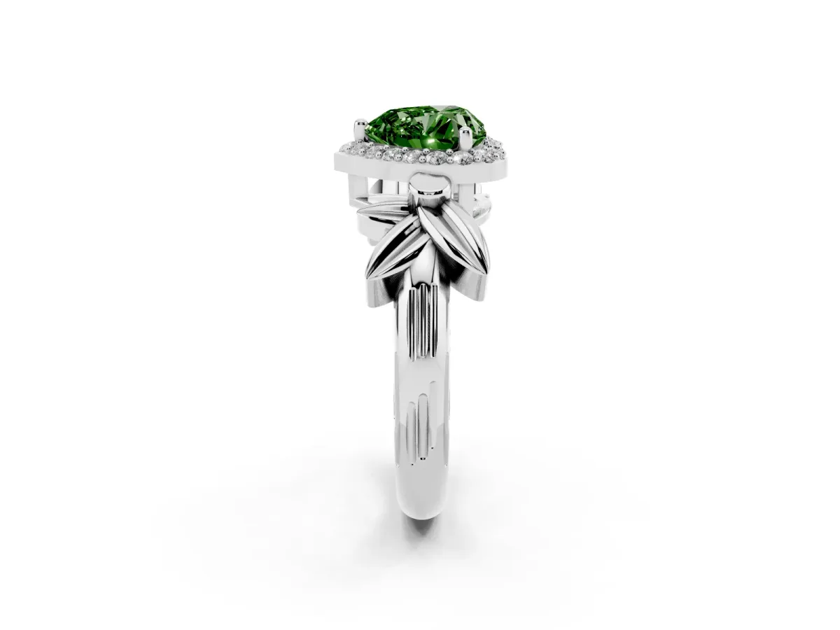 Fancy Green Heart Cut Halo Diamond Floral Band with Four-Prong Setting Silver