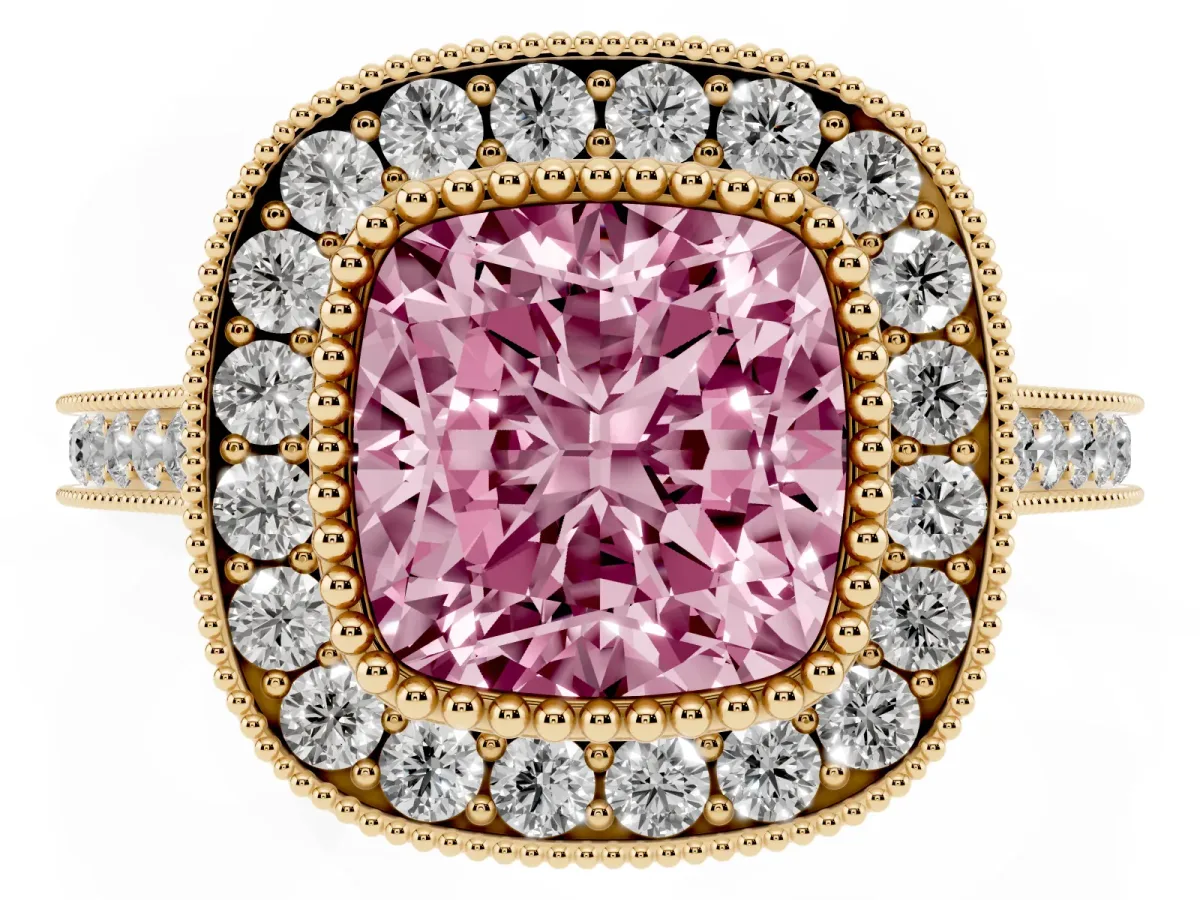 Fancy Pink Cushion Cut Diamond Halo Ring with Milgrain Frame and Pavé Band Yellow gold