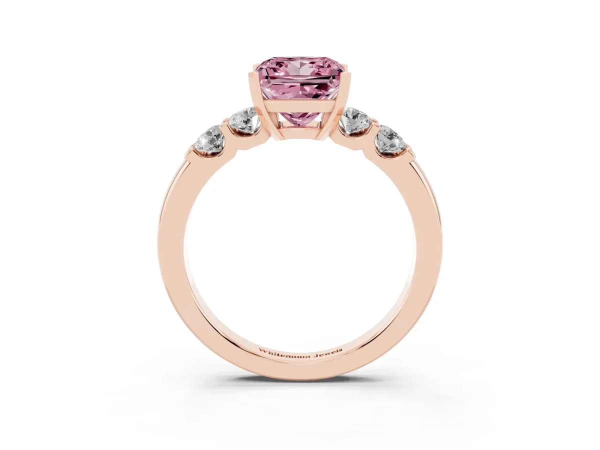 Fancy Pink Princess Cut Brilliant Cut Diamond Five-Stone Prong Set Engagement Ring with Channel Band Rose gold